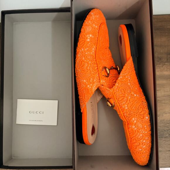 GUCCI Princetown Orange Lace Horsebit Mules EU 38.5 US 8.5 COA Luxury Slip On - Picture 10 of 11